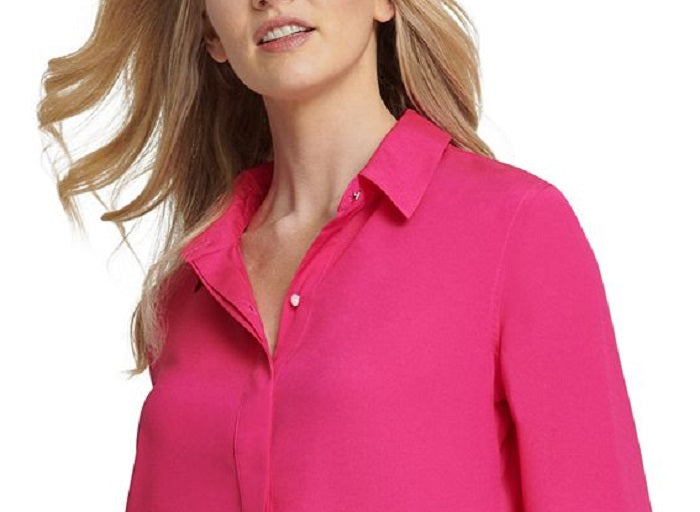 DKNY Women's Cuffed Sleeve Hidden Placket Blouse Pink Size X-Large