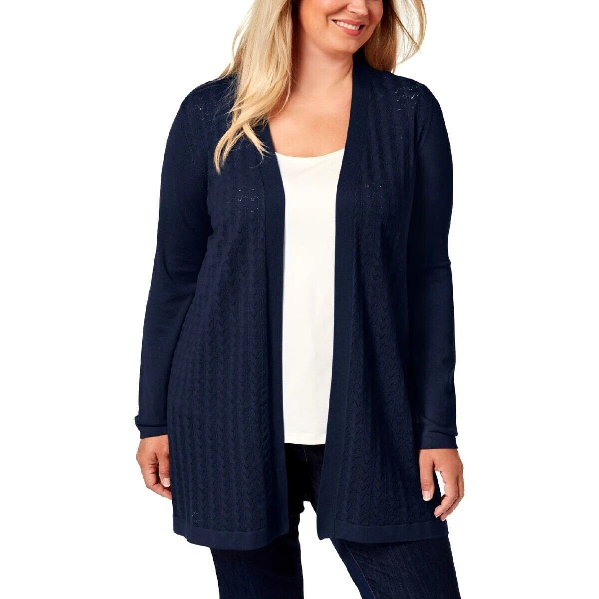Karen Scott Women's Open-Front Button-Cuffed Cardigan  Intrepid Blue Size Small