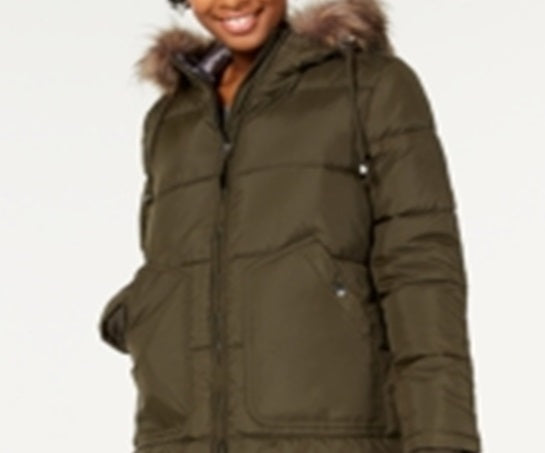 Maralyn & Me Junior's Faux Fur Trim Hooded Puffer Coat Green Size XX-Large