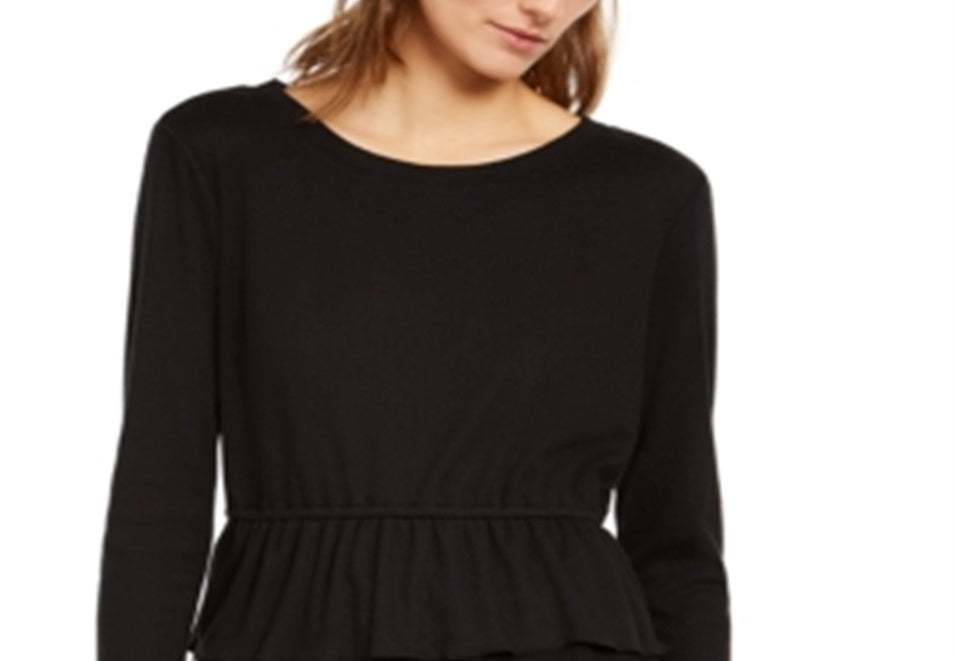 INC Women's V Neck Long Sleeve Peplum Top Black Size Large