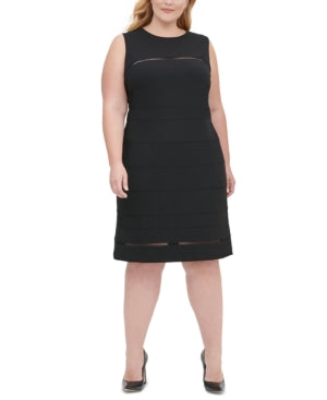 Tommy Hilfiger Women's Black Textured Sleeveless Jewel Neck Knee Length Evening Shift Dress Plus Size 18W