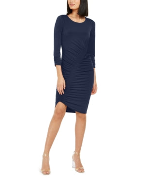 INC Women's Navy Fitted Solid 3/4 Sleeve Jewel Neck MIDI Body Con Wear to Work Dress Size XL