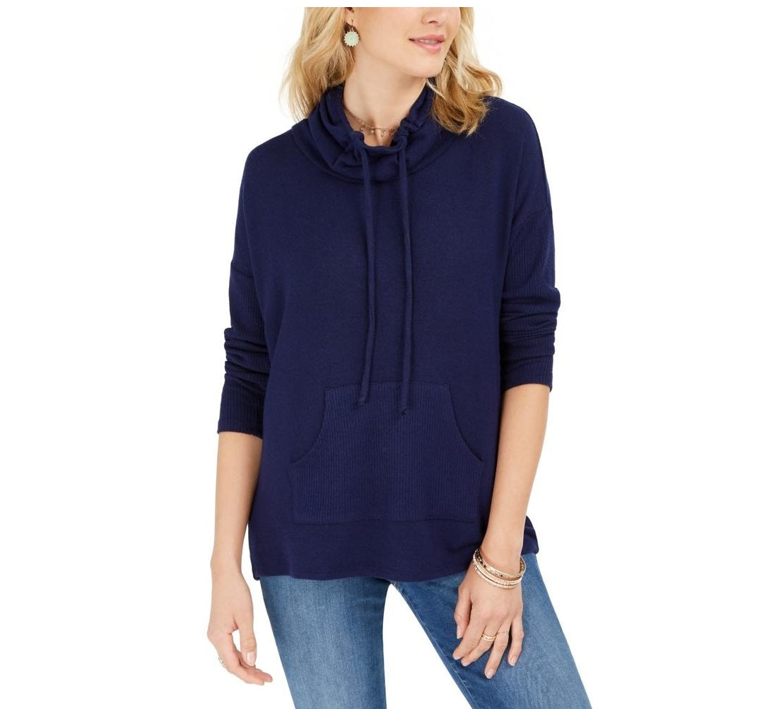 Style & Co Women's Drawstring Cowl-Neck Sweater  Blue Size XS