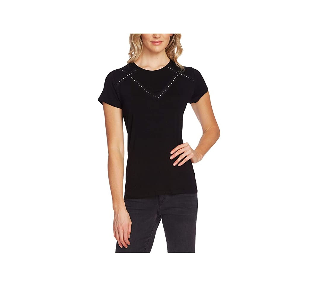 Vince Camuto Women's  Embellished Short Sleeve T-Shirt Top Rich Black Size Large