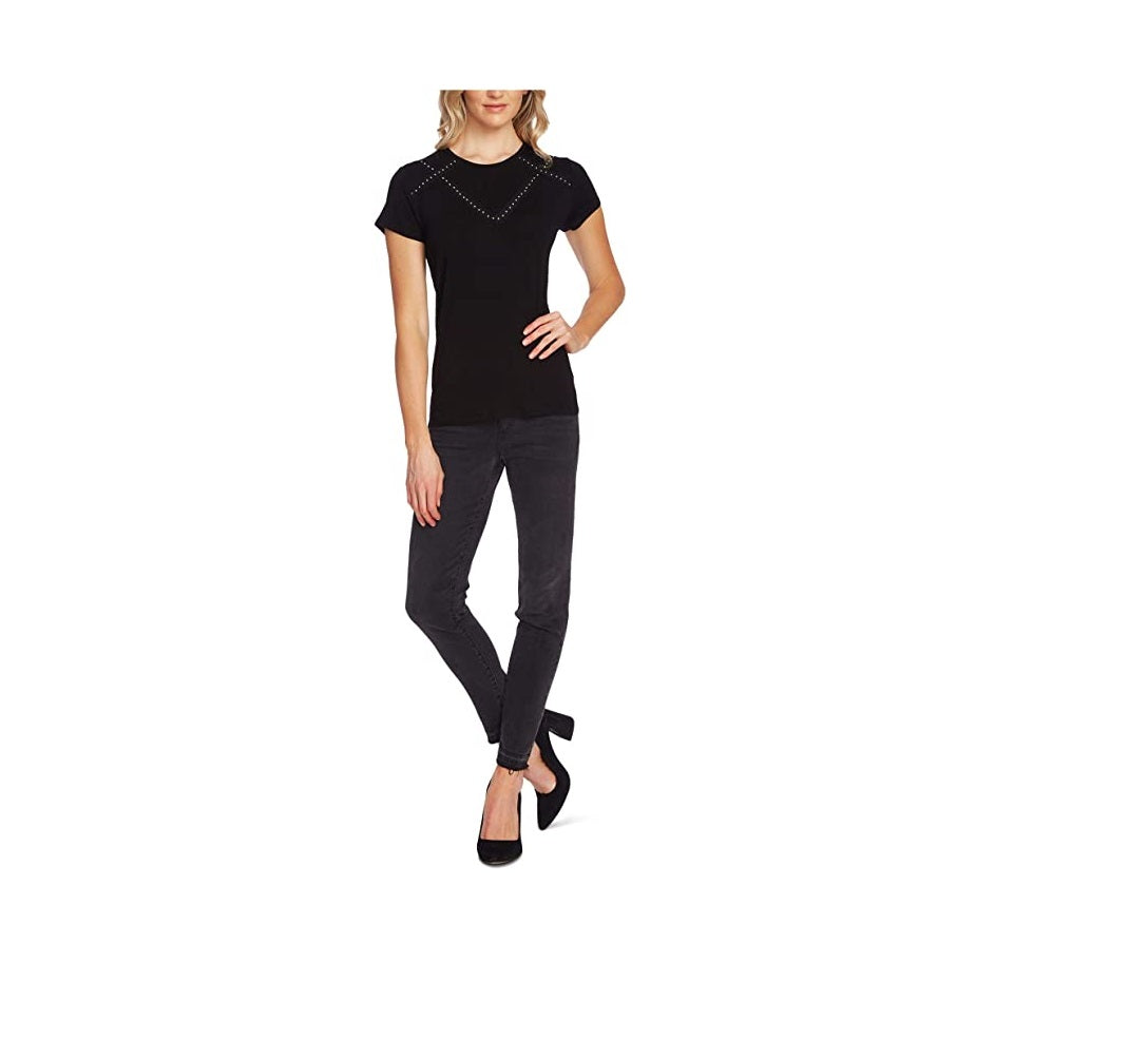 Vince Camuto Women's  Embellished Short Sleeve T-Shirt Top Rich Black Size Large