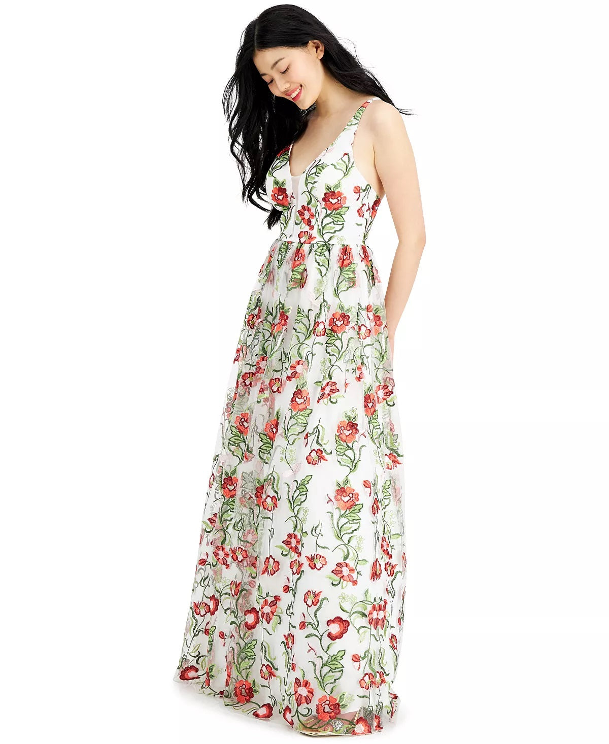 City Studios Juniors' Embroidered-Floral Gown Dress White Size 0
