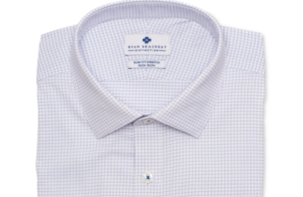 Ryan Seacrest Distinction Men's Slim Fit Non Iron Performance Stretch Check Graph Check Dress Blue Size 18X32X33