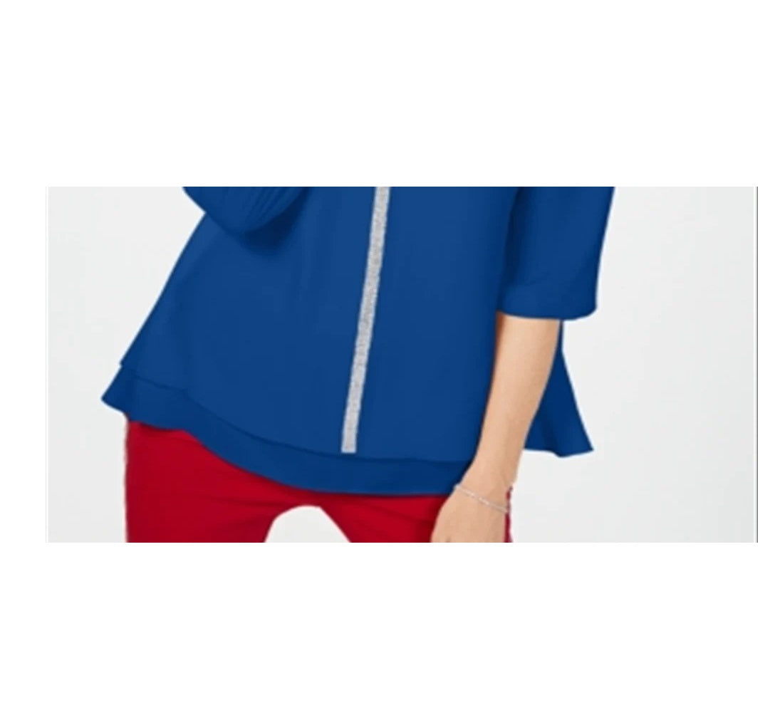 JM Collection Women's Jeweled Tiered-Hem Blouse, Cre Jmc Blue Steel Size M