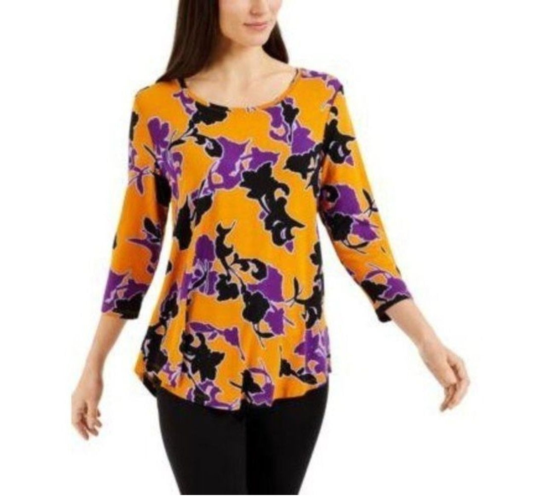 JM Collection Women's Floral-Print 34-Sleeve Jacqua Golden Poppy Cb Size M