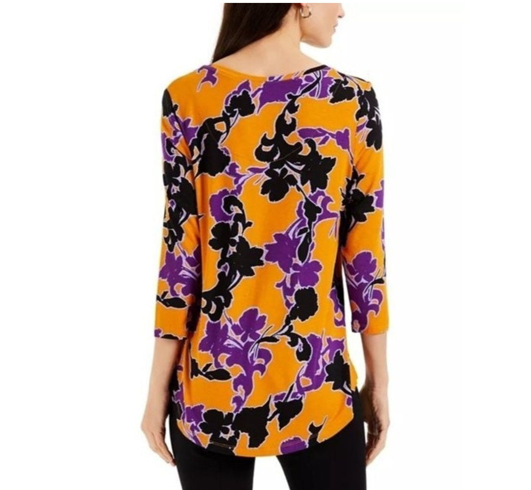 JM Collection Women's Floral-Print 34-Sleeve Jacqua Golden Poppy Cb Size M