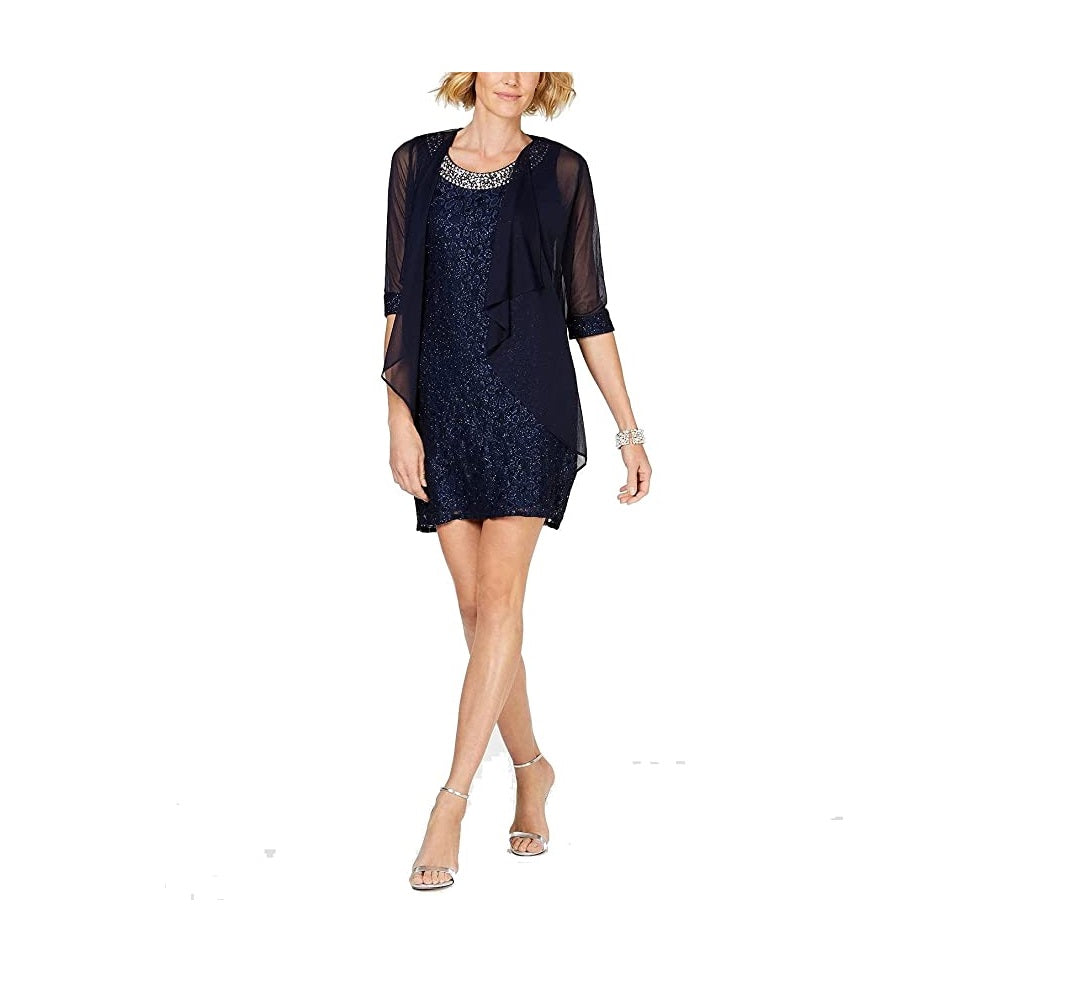 R & M Richards Women's Glitter Lace Dress & Waterfall Jacket Blue Size 8 Petite
