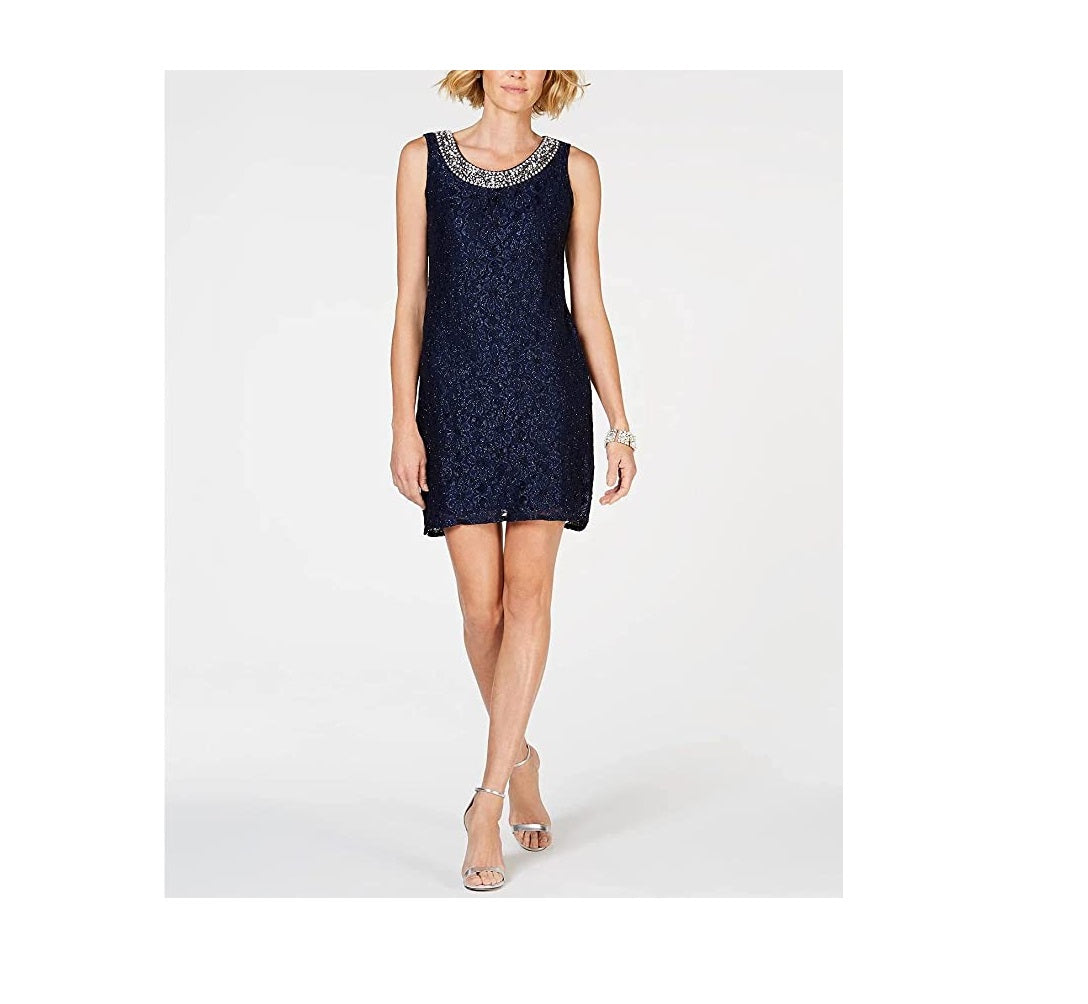 R & M Richards Women's Glitter Lace Dress & Waterfall Jacket Blue Size 8 Petite