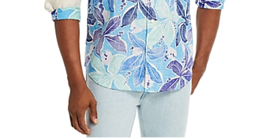 Tommy Bahama Men's Lassi Leaves Linen Regular Fit Shirt Blue Size L