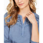 Style & Co Women's Floral Embroidered Cotton Top Blue Size Petite S