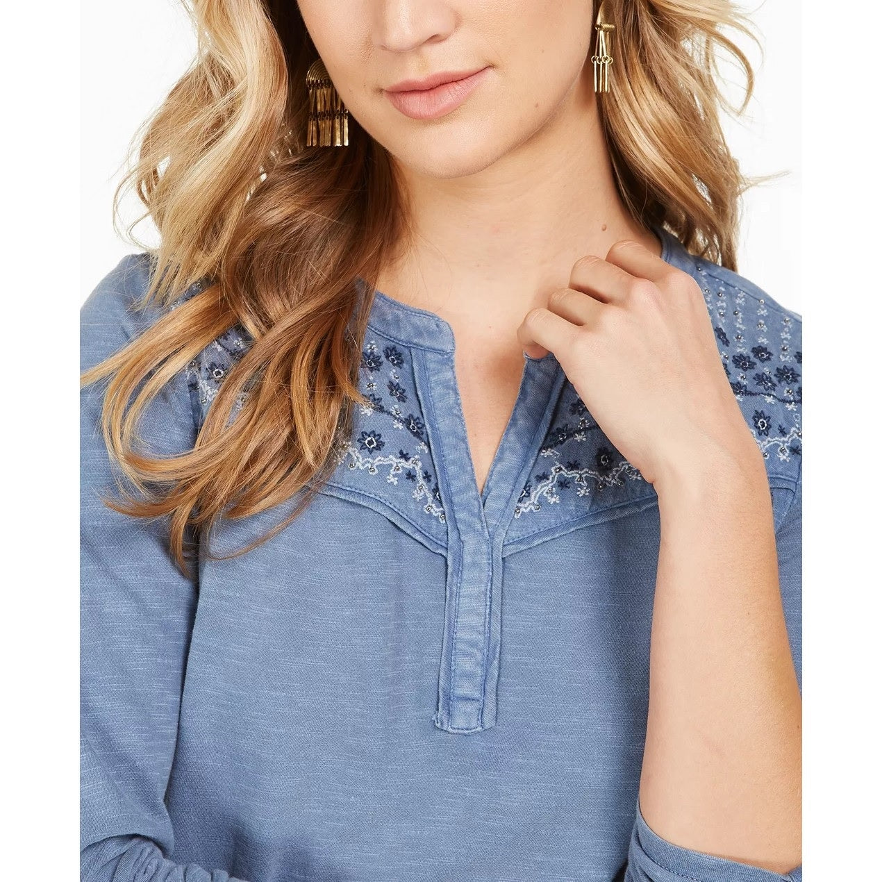 Style & Co Women's Floral Embroidered Cotton Top Blue Size Petite S
