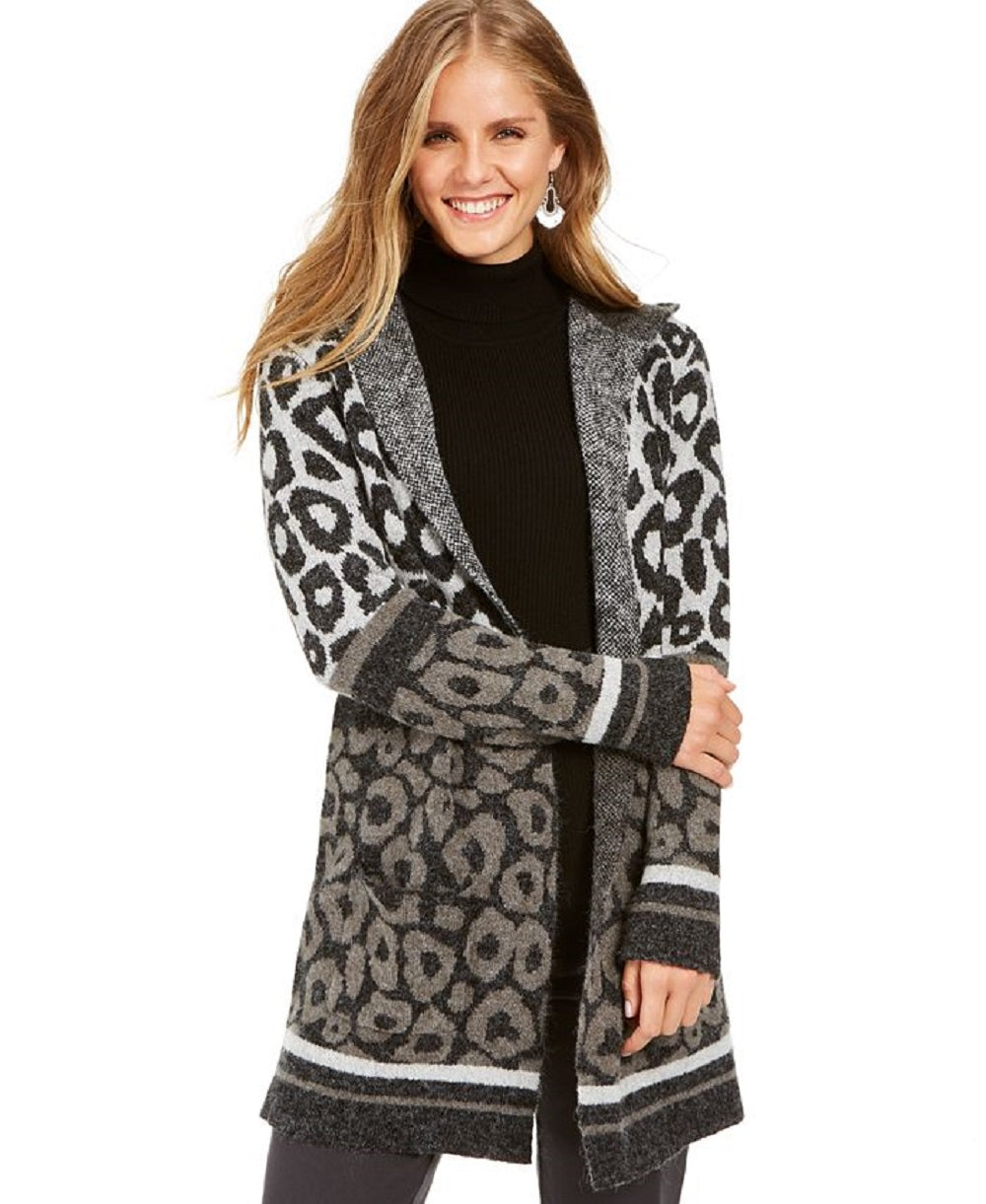 Style & Co Women's Leopard Print Open Front Cardigan Gray Size Petite M