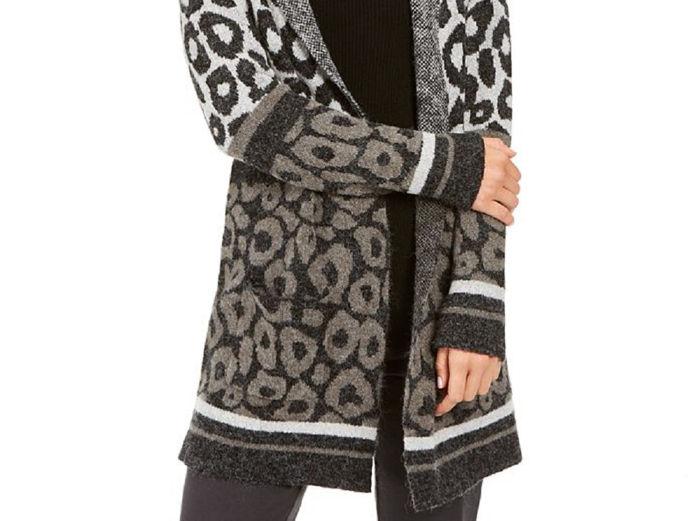 Style & Co Women's Leopard Print Open Front Cardigan Gray Size Petite M