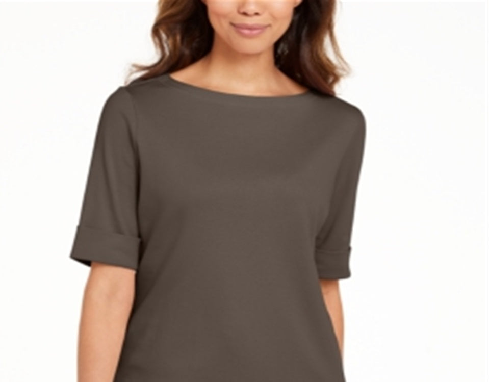 Karen Scott Women's Boat Neck Elbow Sleeve Top Brown Size Small