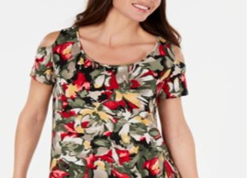 JM Collection Women's Printed Cold Shoulder Top Green Size Medium