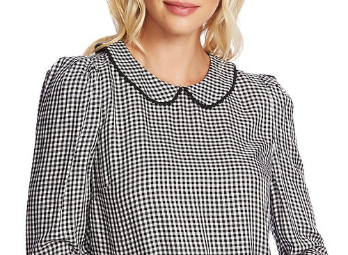 CeCe Women's Check Long Sleeve Peter Pan Collar Top Black Size Small