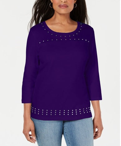 Karen Scott Women's Scoop Neck Studded Top Blue Size XXL