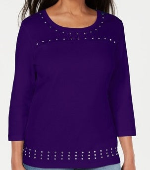 Karen Scott Women's Scoop Neck Studded Top Blue Size XXL
