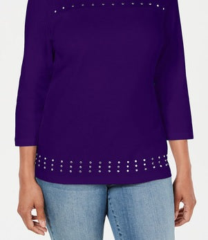 Karen Scott Women's Scoop Neck Studded Top Blue Size XXL