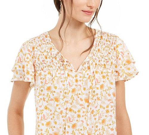Style & Co Women's Smocked Split Neck Top Yellow Size Medium