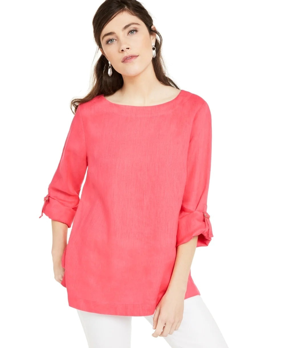 Charter Club Women's D Ring Roll Sleeve Linen Blend Top Coral Size XXL