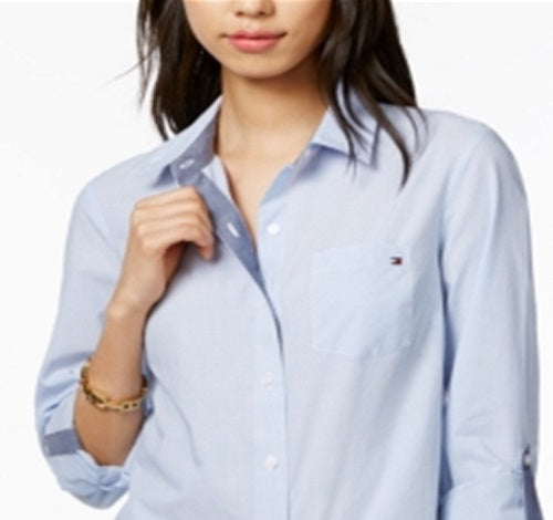 Tommy Hilfiger Women's Cornflower Cornell Stripe Roll Tab Button Down Shirt Blue Size Small