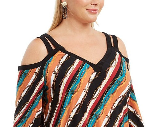 INC International Concepts Women's PlusPrinted Cold-Shoulder Top Red Size 1X