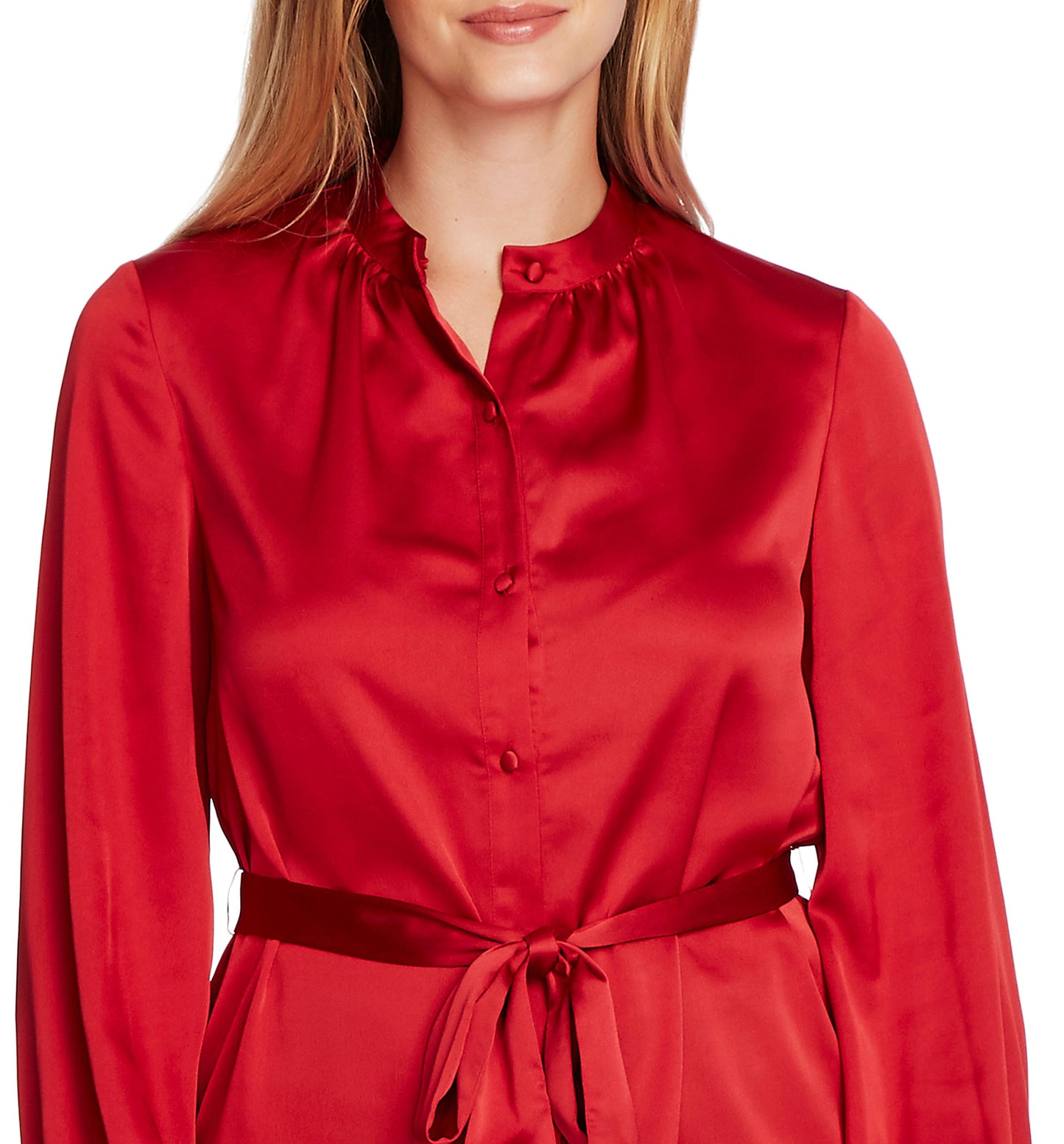 Vince Camuto Women's Charmeuse Button Down Belted Tunic Top Red Size X-Large