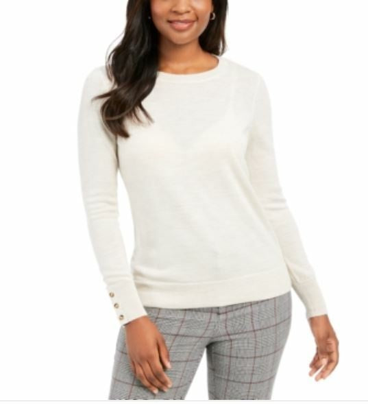 Charter Club Women's Button Cuff Crewneck Sweater White Size S