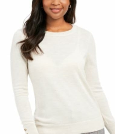 Charter Club Women's Button Cuff Crewneck Sweater White Size S
