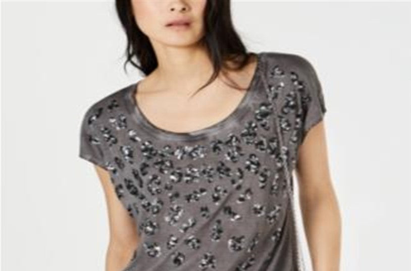 आईएनसी इंटरनेशनल कॉन्सेप्ट्स वुमन सीक्विन्ड एनिमल प्रिंट पुलओवर टॉप ग्रे साइज़ एक्स-स्मॉल