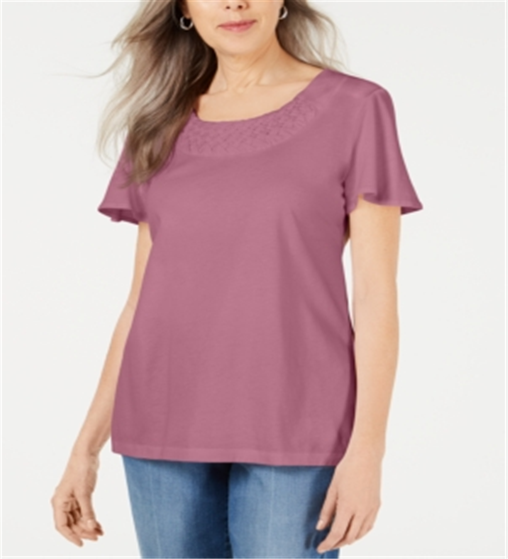 Karen Scott Women's Basketweave Trim Flutter Sleeve Top Pink Size Small