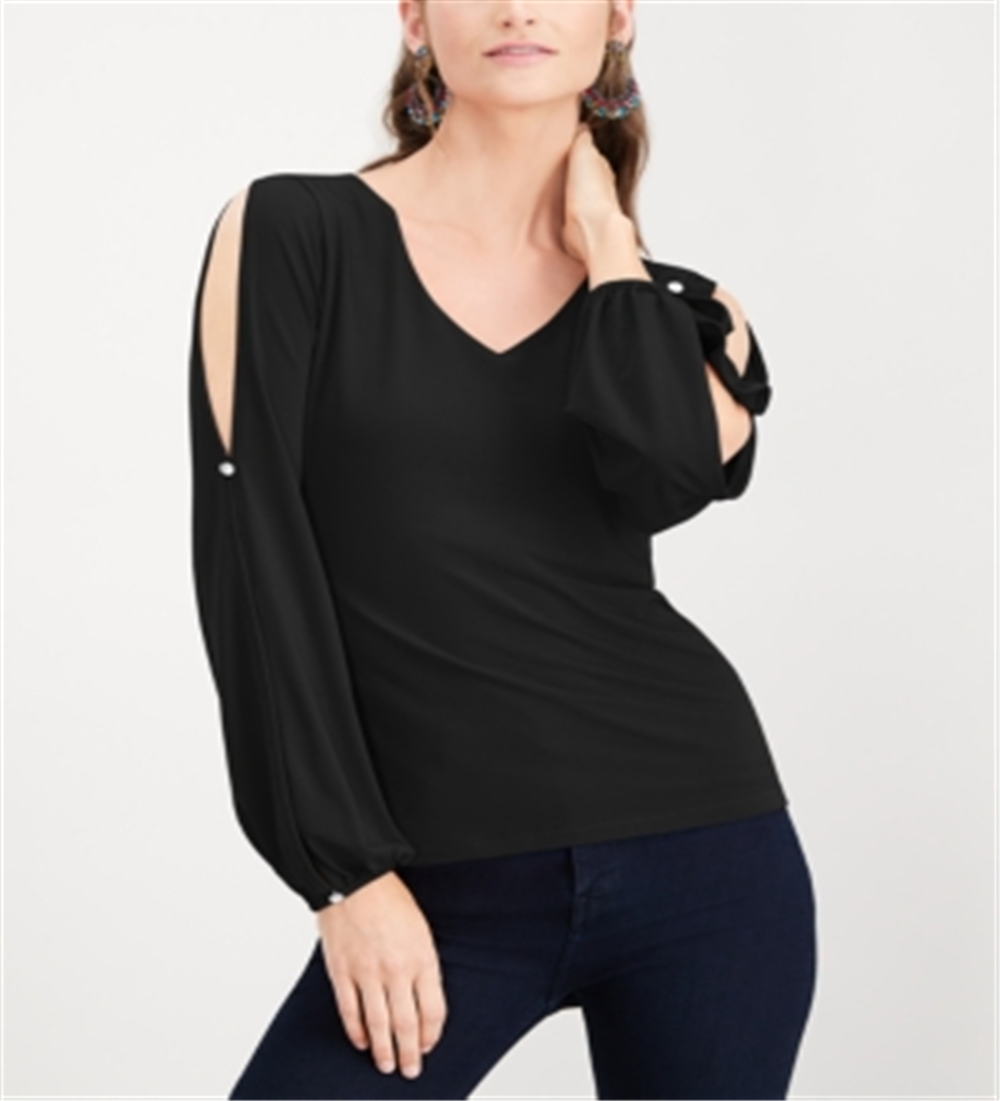 INC International Concepts Women's Split Sleeve Rhinestone Button Top Black Size X-Small