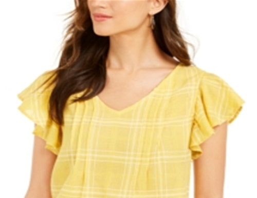 Style & Co Women's Cotton Plaid Flutter Sleeve Top Yellow Size Medium