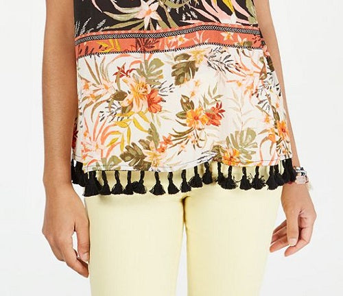 Style & Co Women's Floral Print Tassel Trim Top Black Size Small