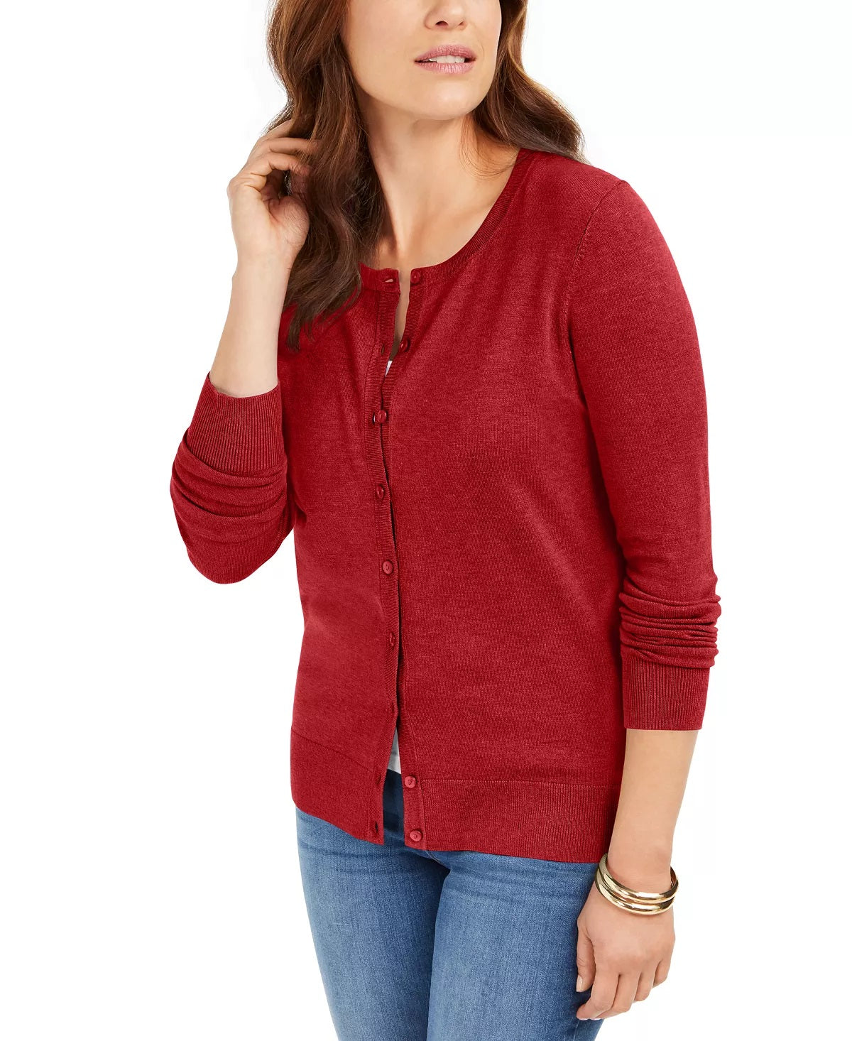 Charter Club Women's Long-Sleeve Button-Front Cardi Red Polish Size 10