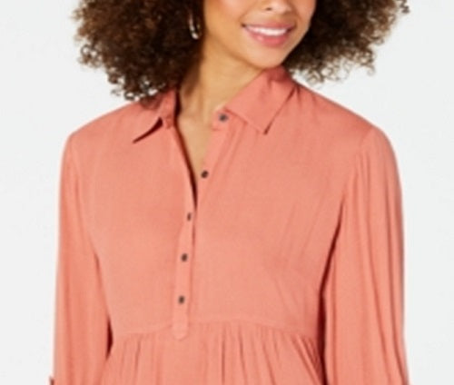 Style & Co Women's Roll Sleeve Oversized Shirt Orange Size X-Large
