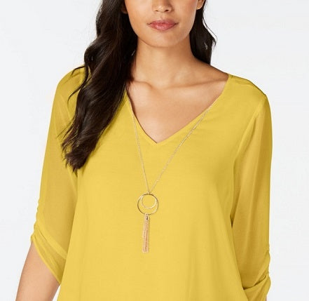 Thalia Sodi Women's Tie Sleeve Necklace Top Yellow Size Large