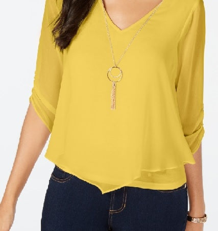 Thalia Sodi Women's Tie Sleeve Necklace Top Yellow Size Large