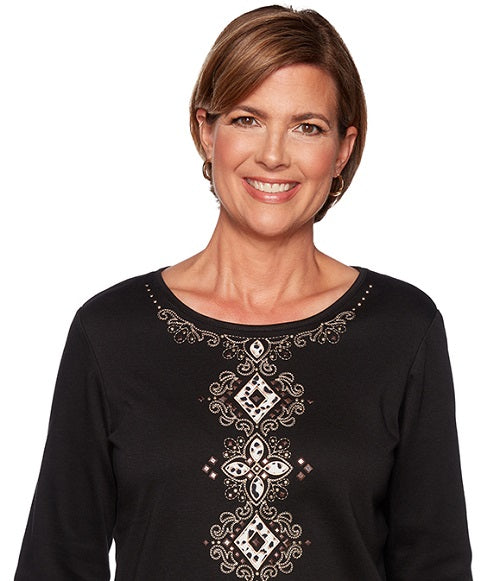 Alfred Dunner Women's Tunics Animal Print & Medallion Top Black Size Petite X-Large