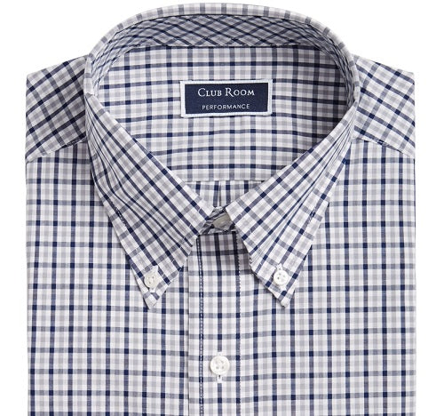 Club Room Men's Classic Regular Fit Gingham Check Performance Dress Shirt Grey Size 34X35