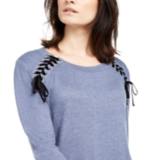 INC International Concepts Women's Lace up Scoop Neck Top Blue Size XX-Large