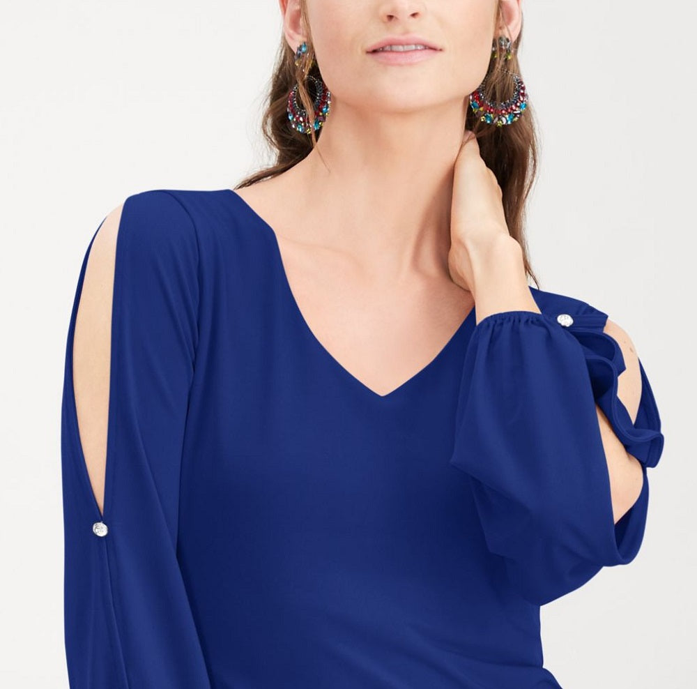 INC International Concepts Women's Split Sleeve Rhinestone Button Top Blue Size XX-Large