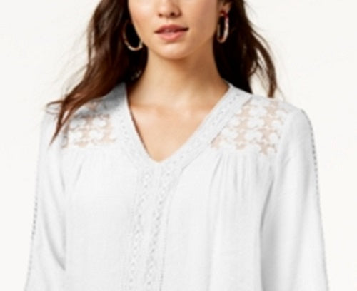 Style & Co Women's Lace Yoke Handkerchief Hem Top White Size Large