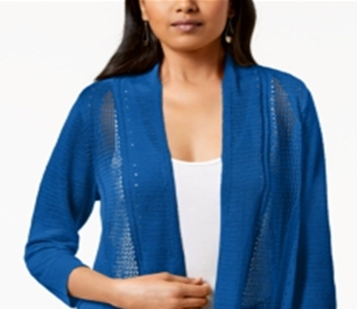 Alfani Women's Mixed Stitch Open Front Cardigan Blue Size Petite Small