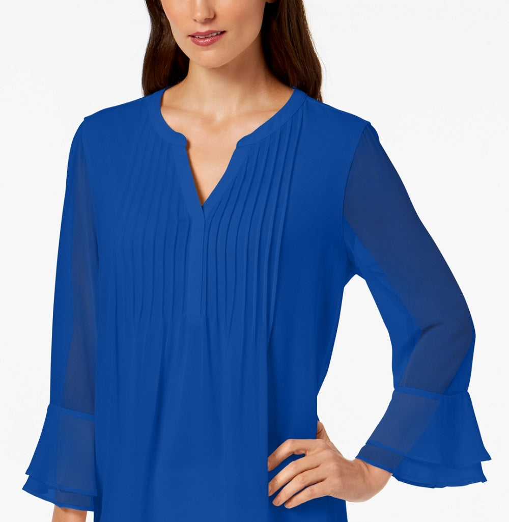Charter Club Women's Double Ruffle Solid Pintuck Top Blue Size XX-Large